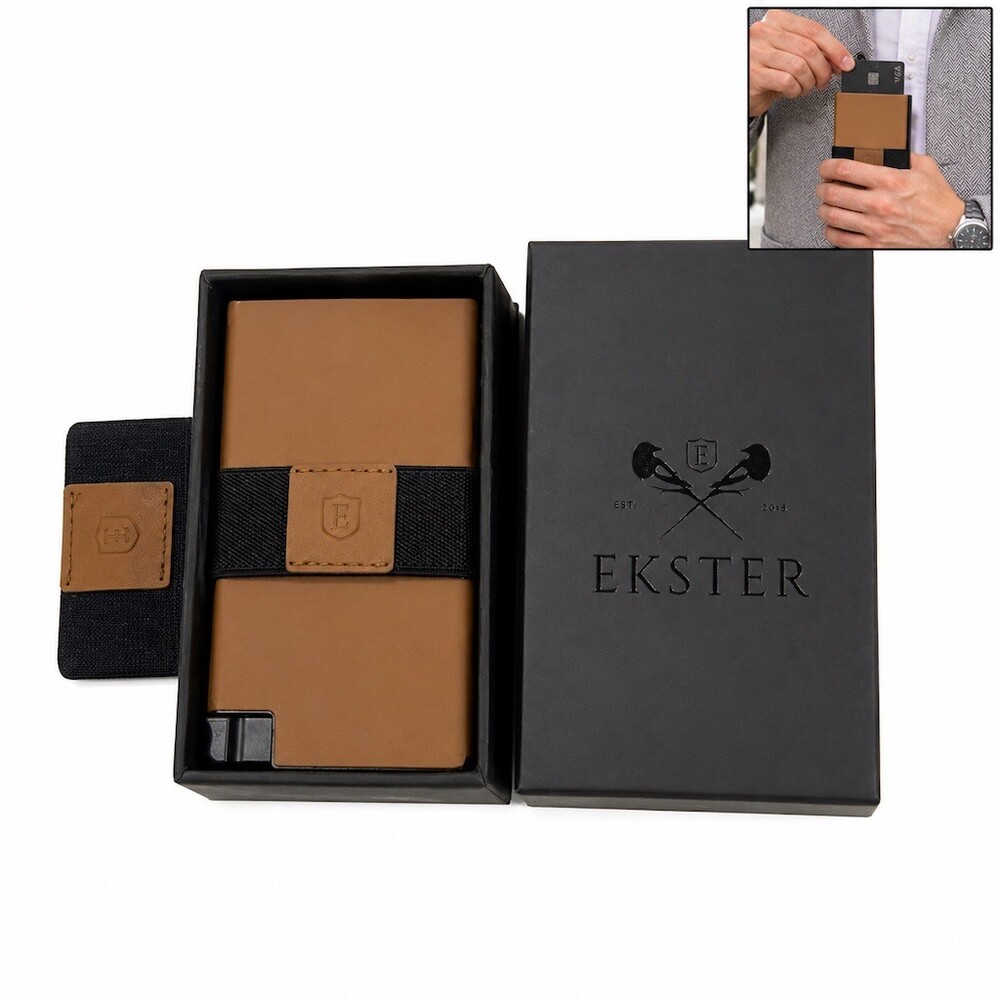 $99 Ekster Parliament RFID Slim Wallet Brown Pop-Up Cardholder Strap w/ gift Box